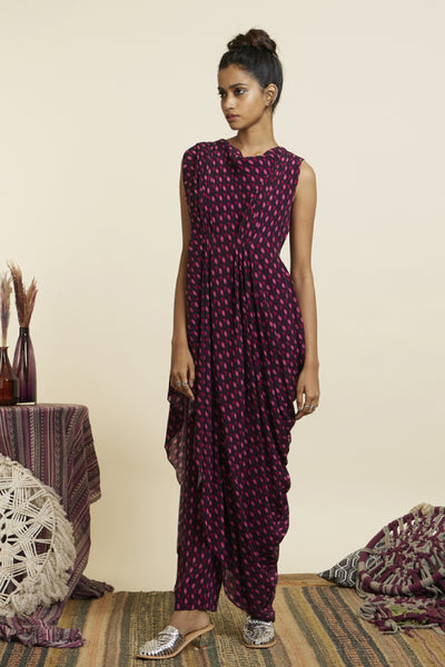 SVA Wine Geo Print Crop Top Attached Drape With Pants Indian designer wear online shopping melange singapore