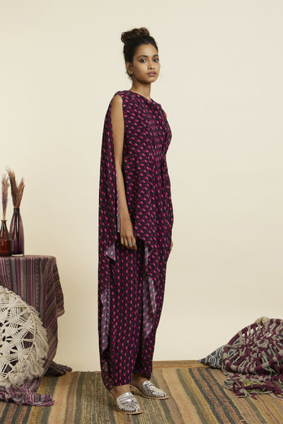 SVA Wine Geo Print Crop Top Attached Drape With Pants Indian designer wear online shopping melange singapore