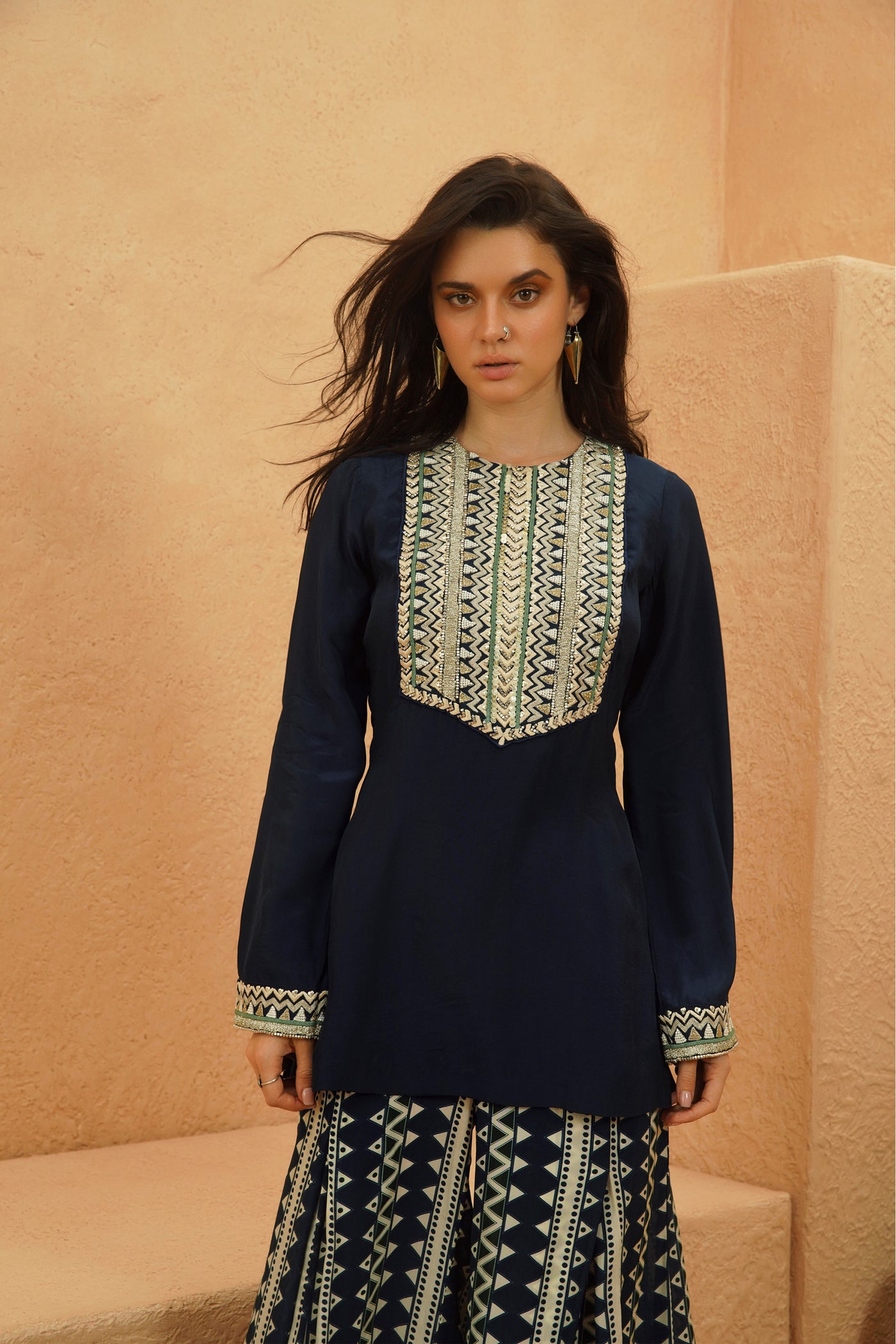 SVA Zahara Midnight Blue Kurta And Flared Pant indian designer wear online shopping melange singapore
