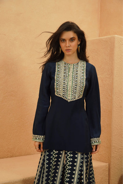 SVA Zahara Midnight Blue Kurta And Flared Pant indian designer wear online shopping melange singapore