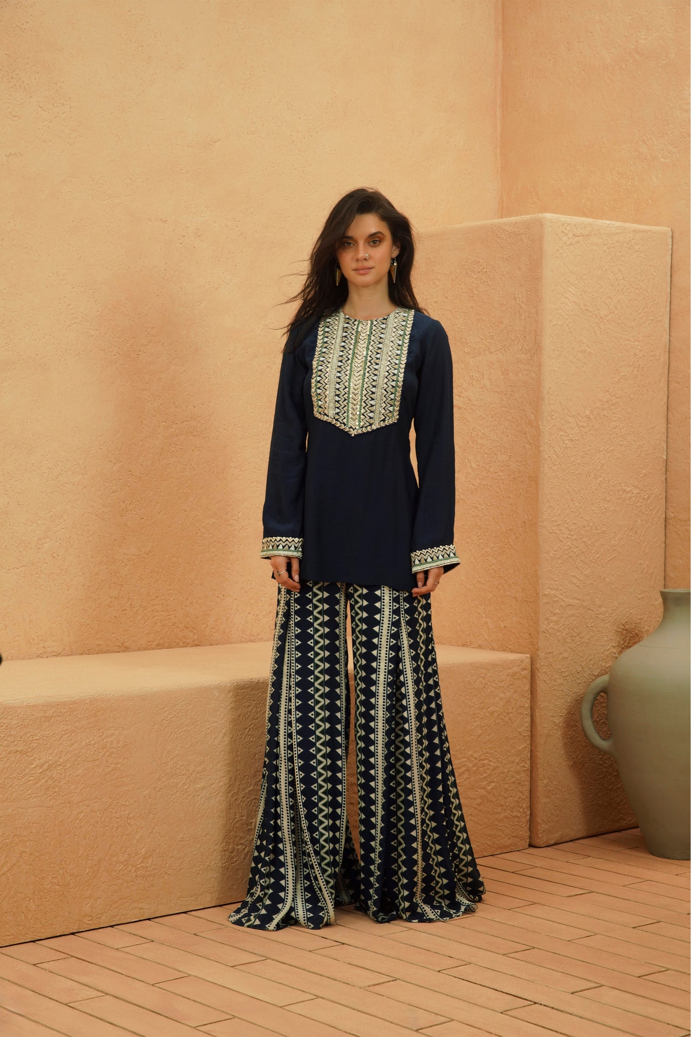 SVA Zahara Midnight Blue Kurta And Flared Pant indian designer wear online shopping melange singapore