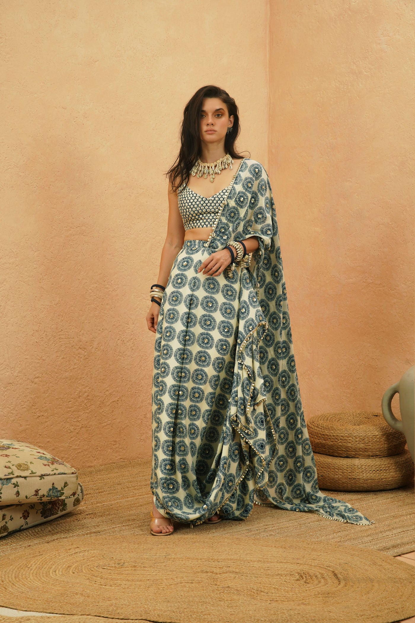 SVA Zayan Embellished Drape Saree With Metallic Bustier indian designer wear online shopping melange singapore