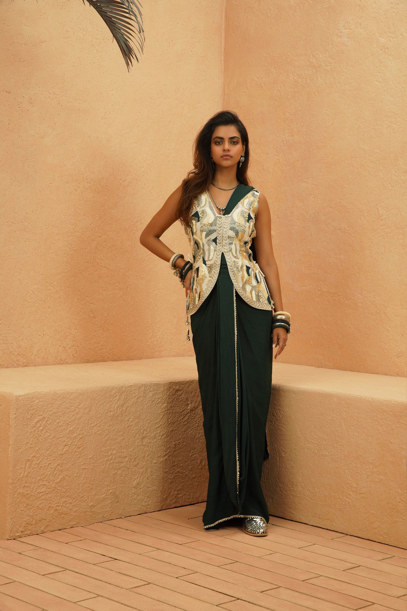 SVA Zaynab Embellished Waistcoast With Emrald Drape Saree indian designer wear online shopping melange singapore