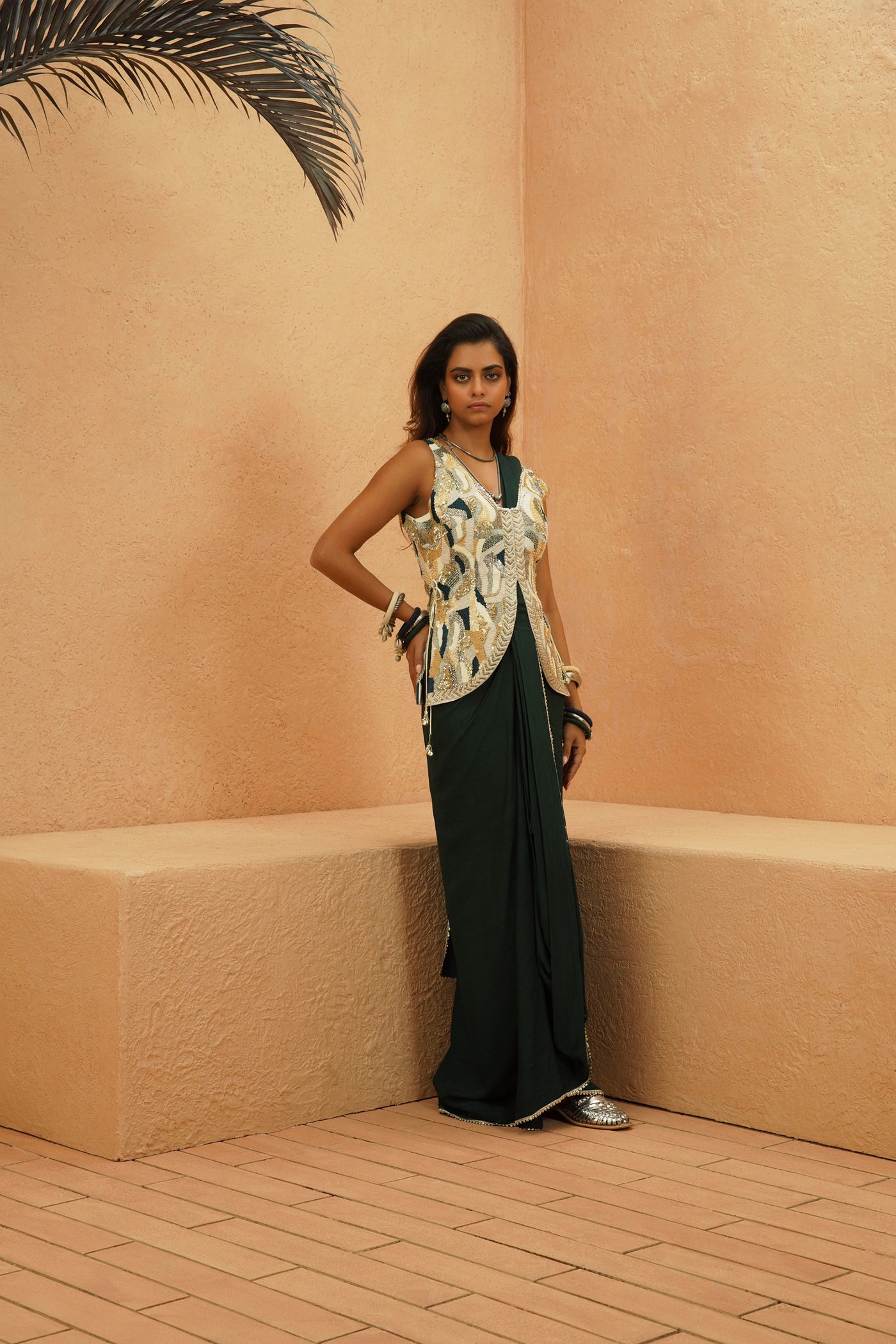 SVA Zaynab Embellished Waistcoast With Emrald Drape Saree indian designer wear online shopping melange singapore