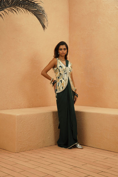 SVA Zaynab Embellished Waistcoast With Emrald Drape Saree indian designer wear online shopping melange singapore