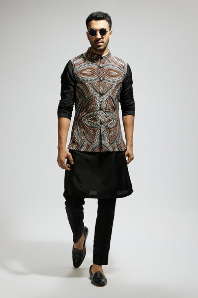 SVA Zentangle Printed Bundi With Black Solid Kurta With Pants indian designer wear online shopping melange singapore