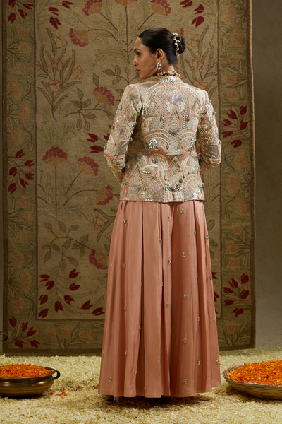 SVA Pink Embellished Jacket Paired with Bustier and Embellished Pleated Pants Melange Singapore Online Shopping Indian Designer Wear