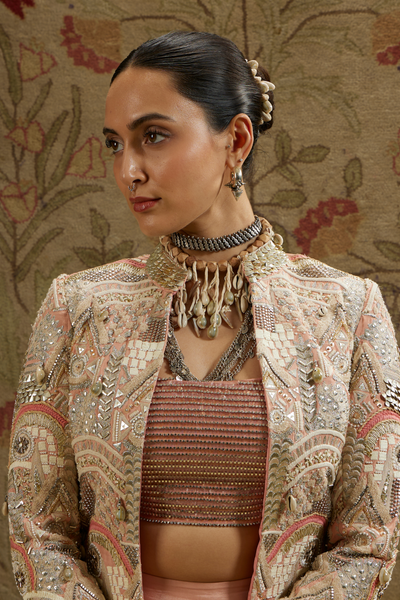 SVA Pink Embellished Jacket Paired with Bustier and Embellished Pleated Pants Melange Singapore Online Shopping Indian Designer Wear