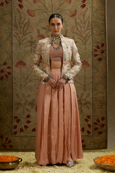 SVA Pink Embellished Jacket Paired with Bustier and Embellished Pleated Pants Melange Singapore Online Shopping Indian Designer Wear