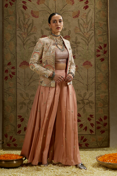 SVA Pink Embellished Jacket Paired with Bustier and Embellished Pleated Pants Melange Singapore Online Shopping Indian Designer Wear