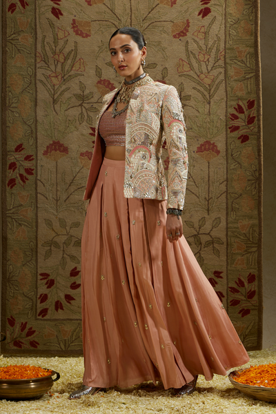 SVA Pink Embellished Jacket Paired with Bustier and Embellished Pleated Pants Melange Singapore Online Shopping Indian Designer Wear