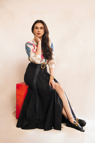 Saaksha & Kinni High Waist Flared Skirt With  Centre Button Closure indian designer wear online shopping melange singapore