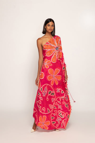 Saaksha & Kinni Marigold Bandhani Print Asymmetric Kaftan With Side Slit And Hand Embroidered Mirror Indian designer wear online shopping melange singapore