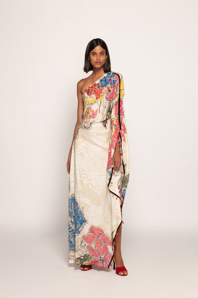 Saaksha & Kinni Asymmetric Kaftan With Side Slit And Hand Embroidered Mirror And Thread Work Neckline Detailing Indian designer wear online shopping melange singapore