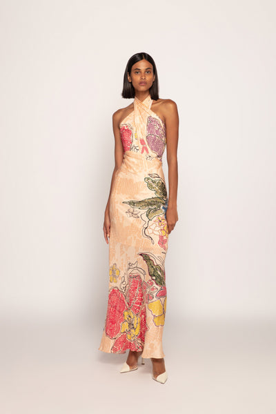 Saaksha & Kinni Periwinkle Bandhani Print Halter Style Maxi Dress Indian designer wear online shopping melange singapore
