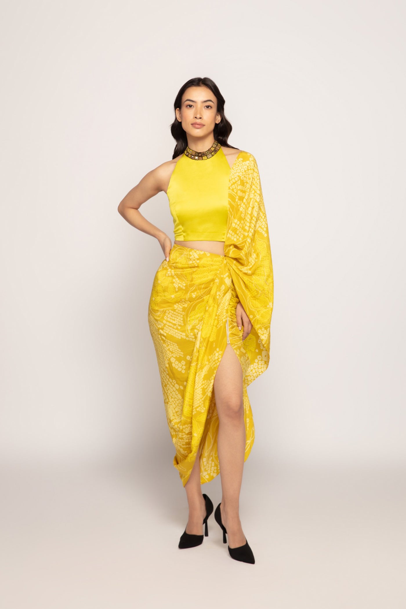 Saaksha & Kinni Periwinkle Bandhani Print Skirt With Attached Drapery Indian designer wear online shopping melange singapore