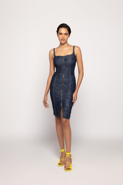 Saaksha & Kinni Denim Hand Micro Pleated Fitted Midi Dress Indian designer wear online shopping melange singapore