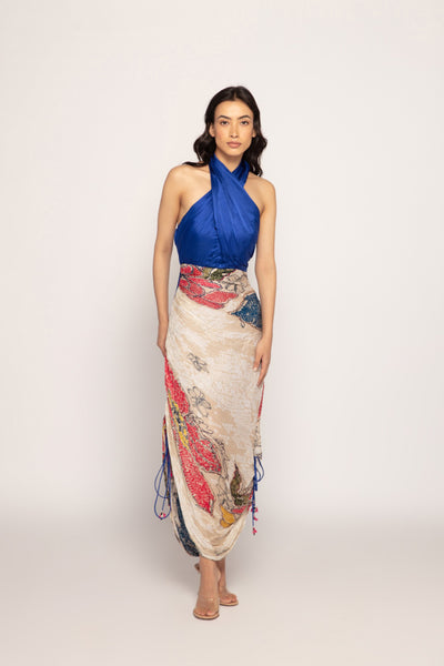 Saaksha & Kinni Periwinkle Bandhani And Solid Hand Micro Pleated Halter Neck Dress Indian designer wear online shopping melange singapore