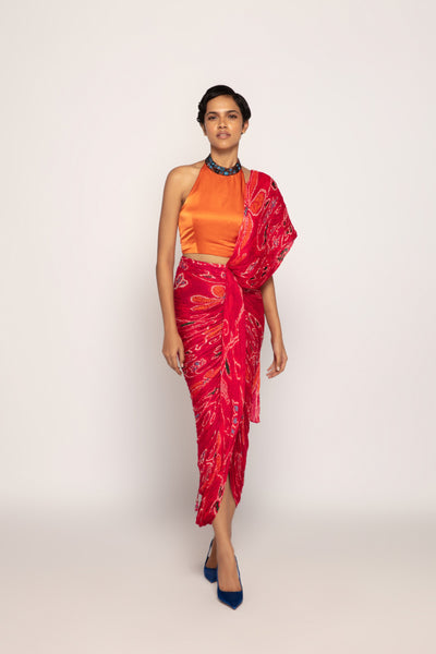 Saaksha & Kinni  Marigold Bandhani Print, Handn Micro Pleated Skirt With Attached Drapery indian designer wear online shopping melange singapore