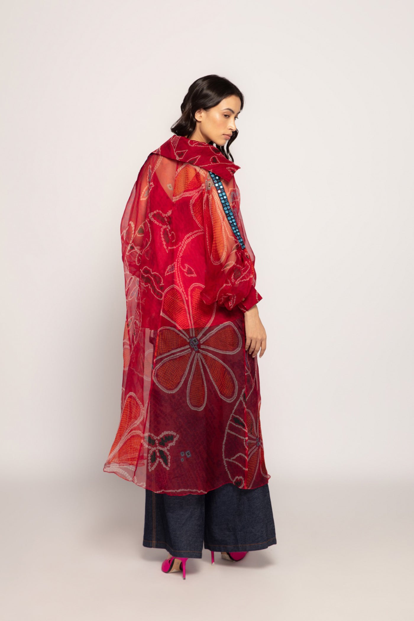 Saaksha & Kinni Marigold Bandhani Print Collared Cape With Hand Embroidered indian designer wear online shopping melange singapore