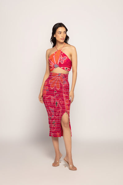 Saaksha & Kinni Marigold And Stripe Print Smocked Skirt With Adjustable Side Zipper indian designer wear online shopping melange singapore