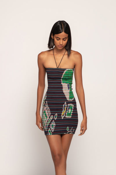 Saaksha & Kinni Paisley And Stripe Print Halter Tie Up Smocked Tube Dress indian designer wear online shopping melange singapore