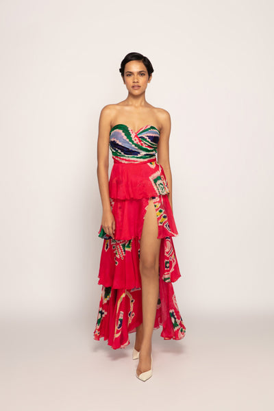 Saaksha & Kinni Strapless Dress With Customizable Side Slit And Cross Over Bustier indian designer wear online shopping melange singapore