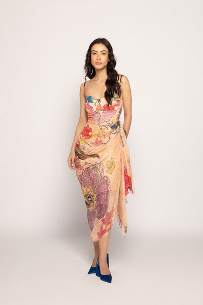 Saaksha & Kinni Erinwinkle Bandhani Print Side Draped Midi Dress indian designer wear online shopping melange singapore