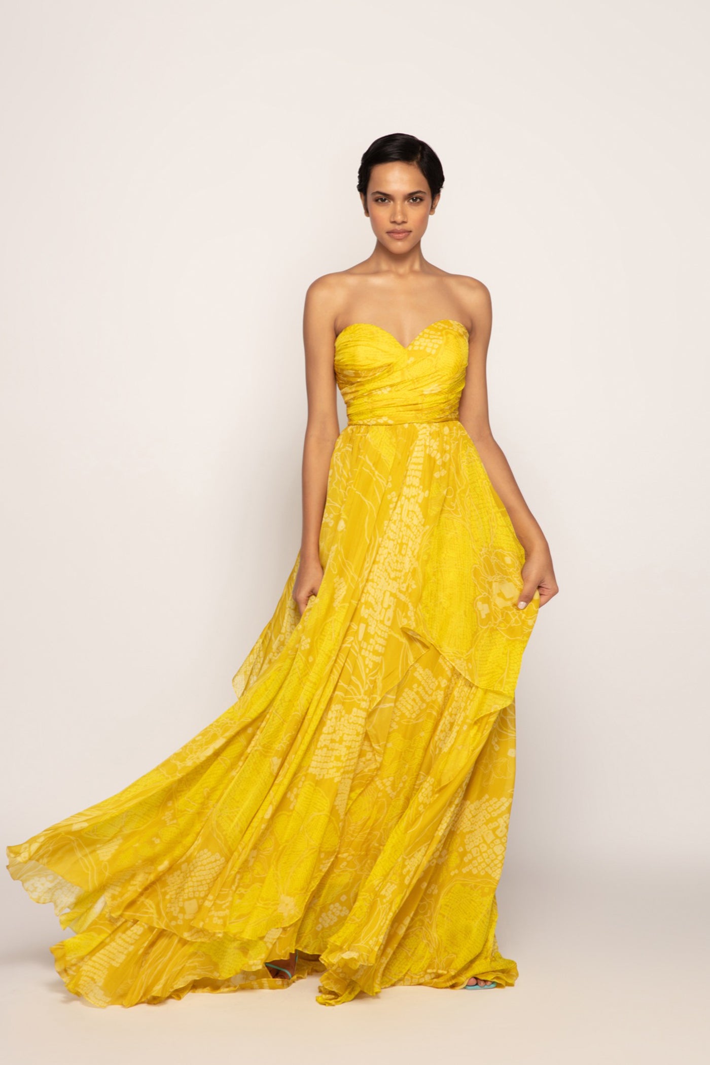 Saaksha & Kinni Periwinkle Bandhani Print Multi Layered Strapless Gown indian designer wear online shopping melange singapore