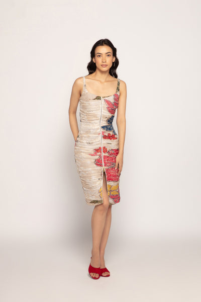 Saaksha & Kinni Periwinkle Bandhani Print Pleated Midi Dress With Front Zipper Detailing indian designer wear online shopping melange singapore