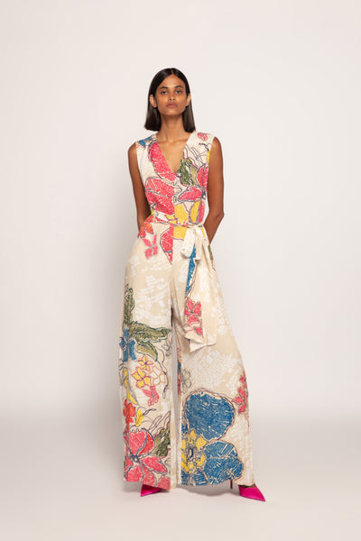 Saaksha & Kinni Periwinkle Bandhani Print Sleeveless Jumpsuit With Detachable Belt indian designer wear online shopping melange singapore