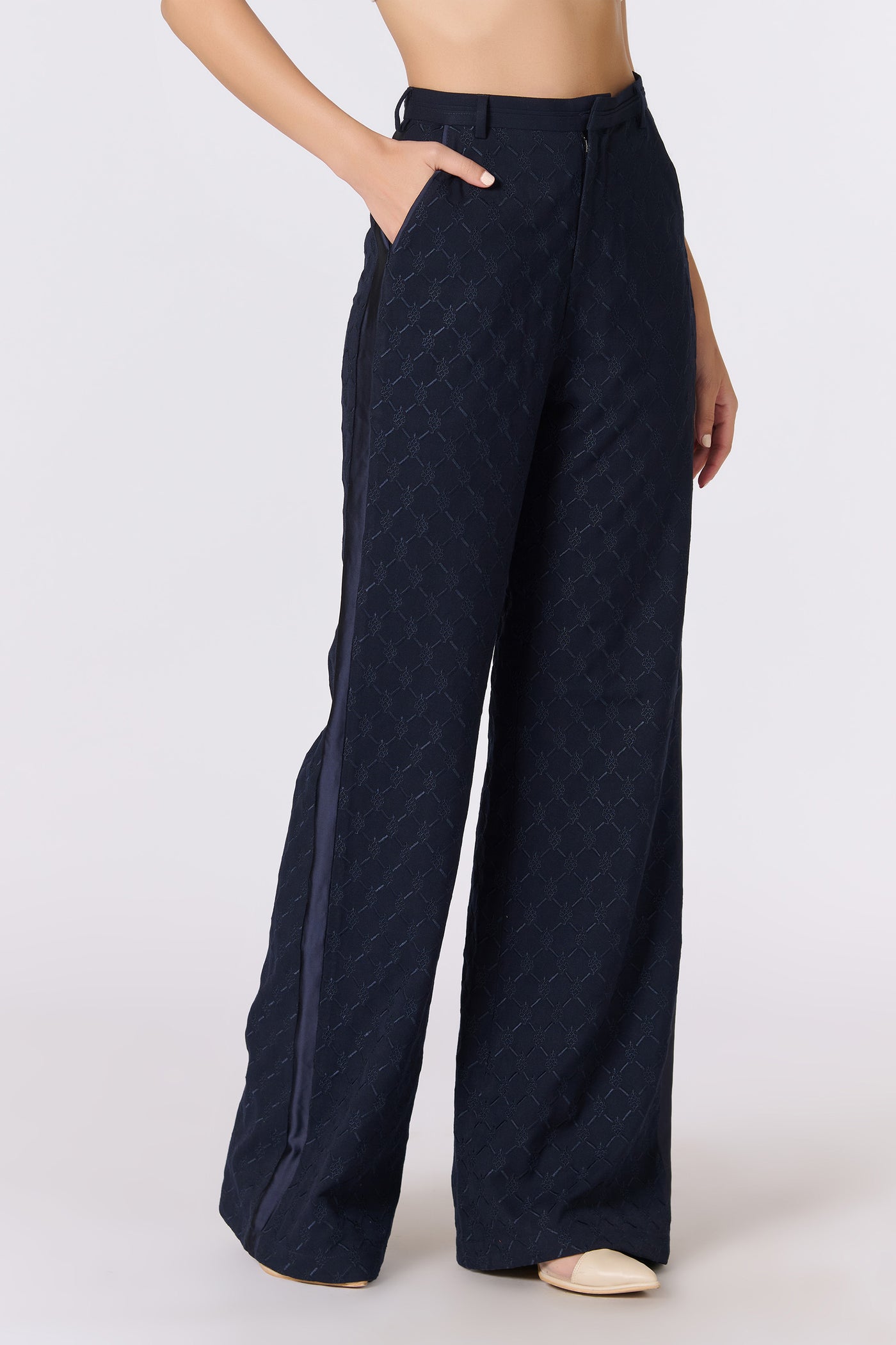 Shantanu & Nikhil Amy Jackson In Sncc Navy Adamas Embroidered Trousers indian designer wear online shopping melange singapore