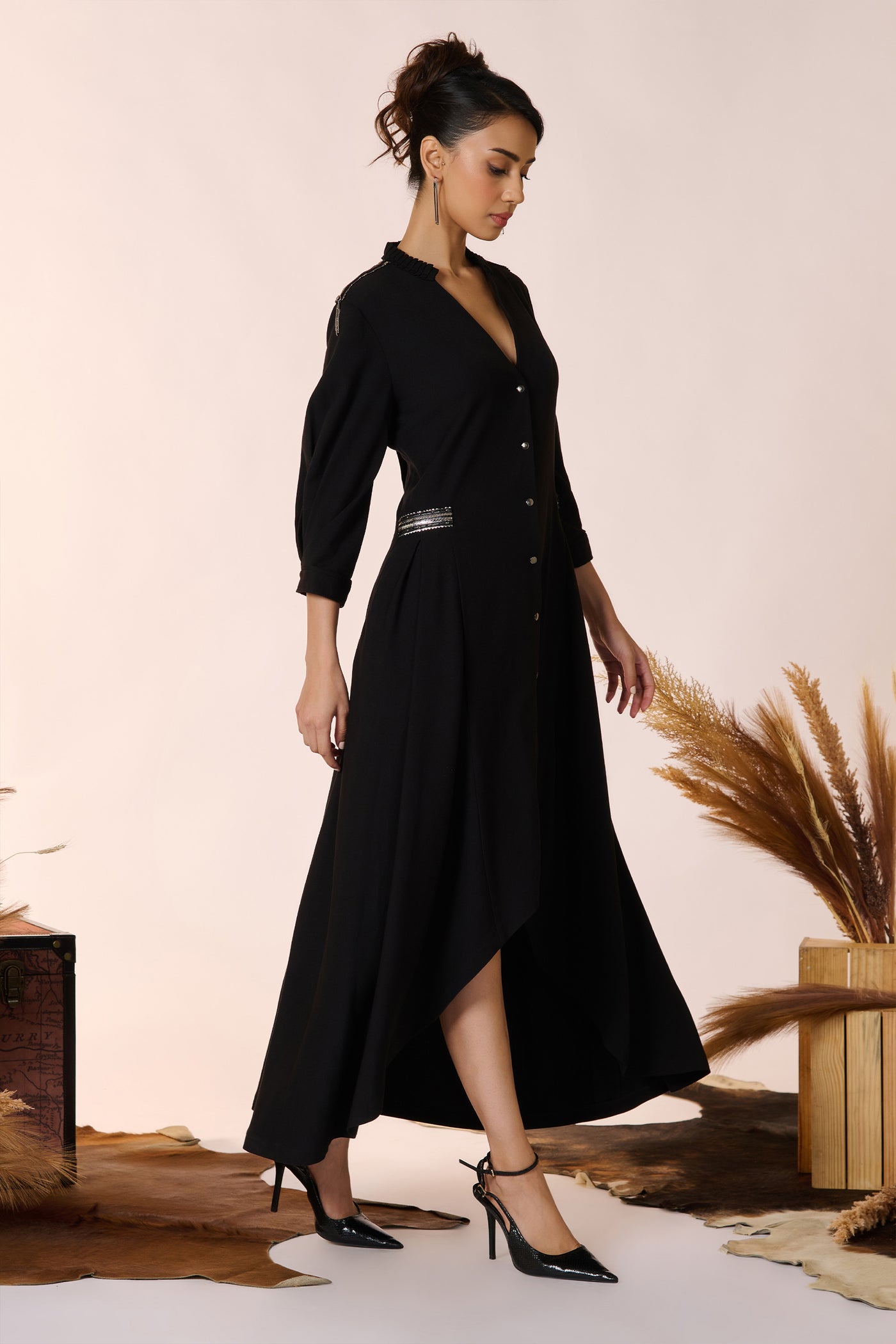 Shantanu & Nikhil Asymmetric Black Shirt Dress indian designer wear online shopping melange singapore