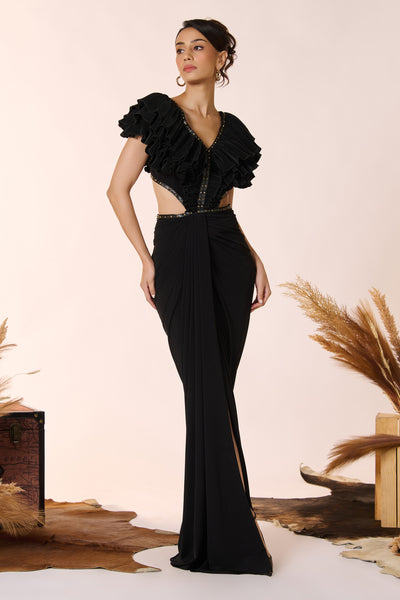 Shantanu & Nikhil Black Flounced Gown with Slit indian designer wear online shopping melange singapore