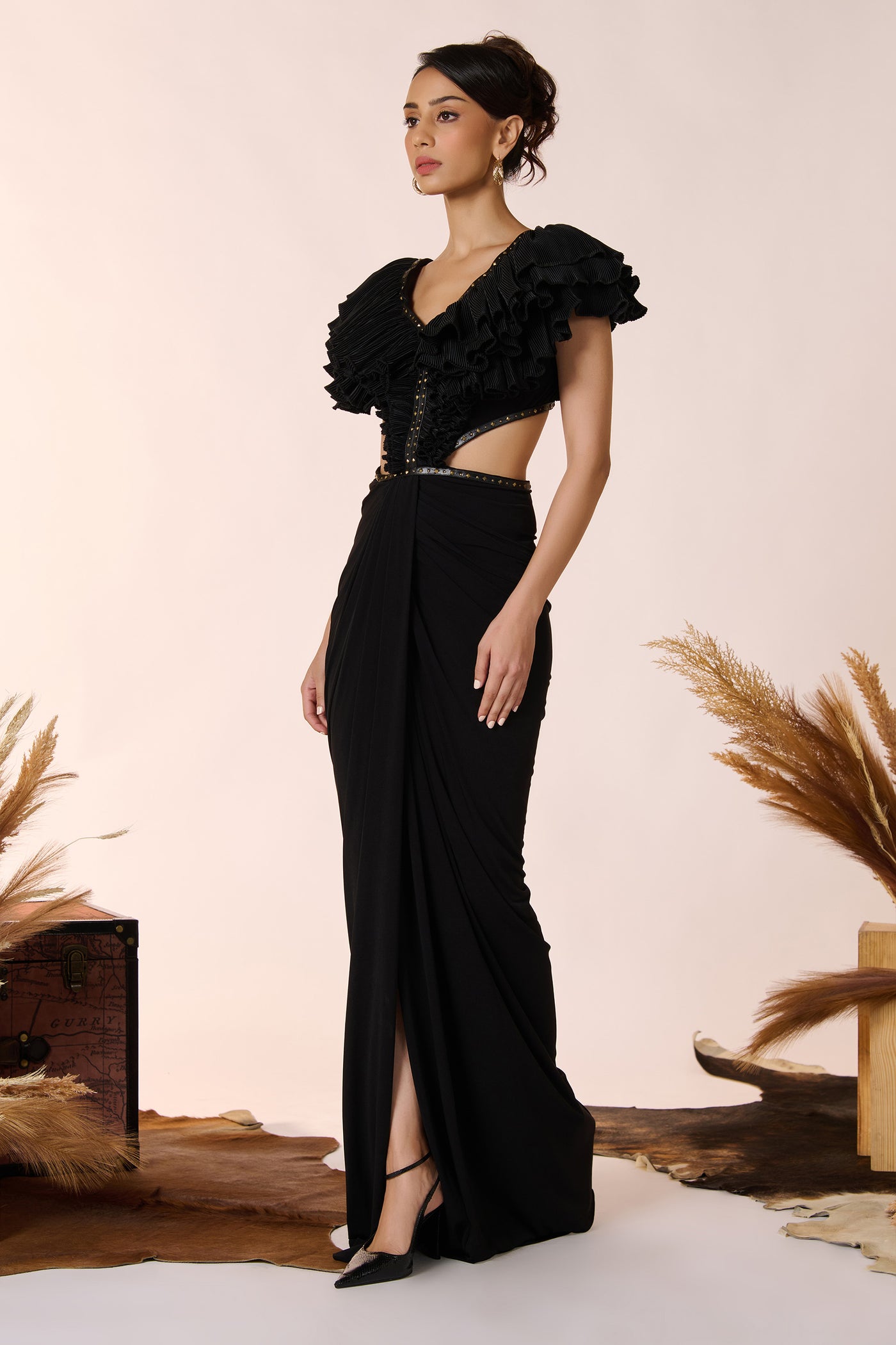 Shantanu & Nikhil Black Flounced Gown with Slit indian designer wear online shopping melange singapore
