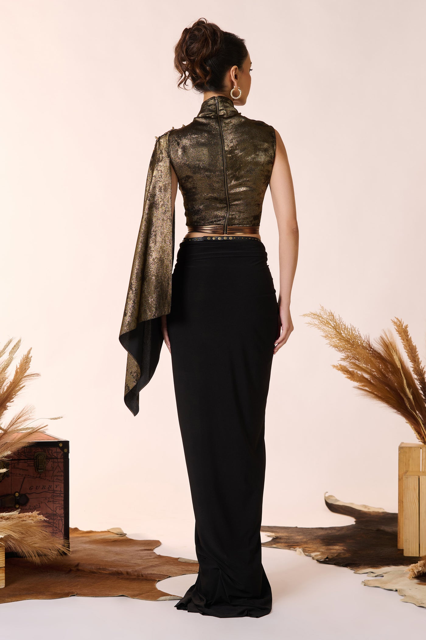 Shantanu & Nikhil Draped Sleeve Black Gold Foil Crop Top indian designer wear online shopping melange singapore
