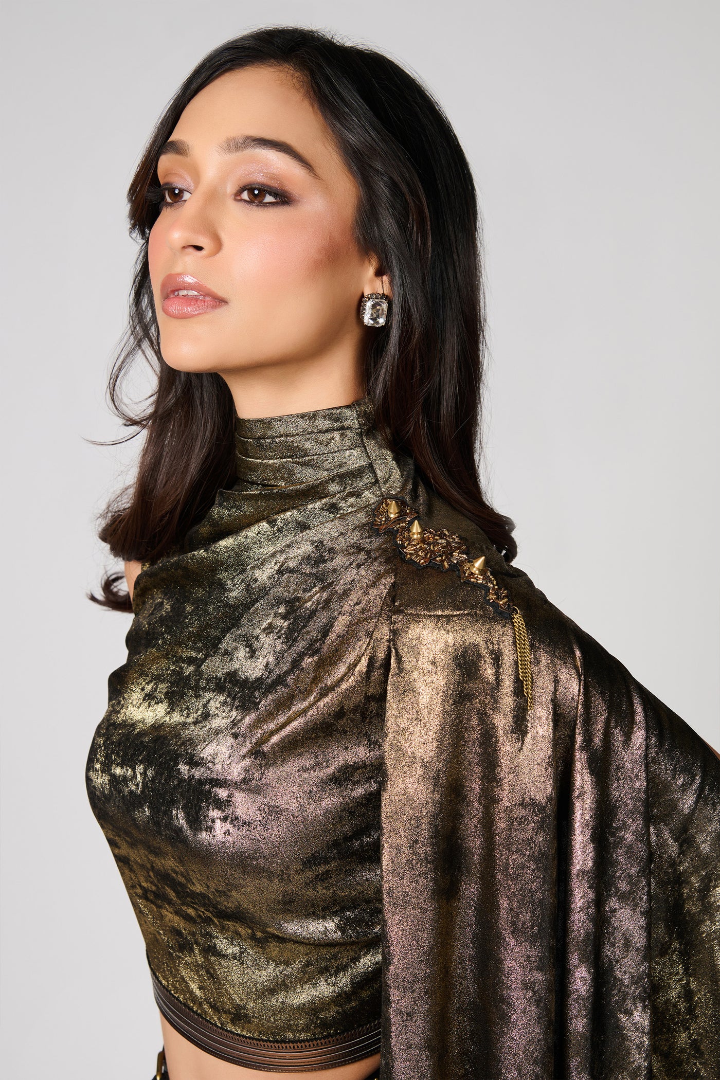 Shantanu & Nikhil Draped Sleeve Black Gold Foil Crop Top indian designer wear online shopping melange singapore