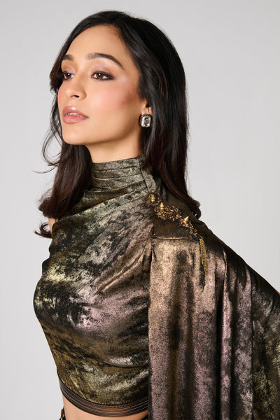 Shantanu & Nikhil Draped Sleeve Black Gold Foil Crop Top indian designer wear online shopping melange singapore