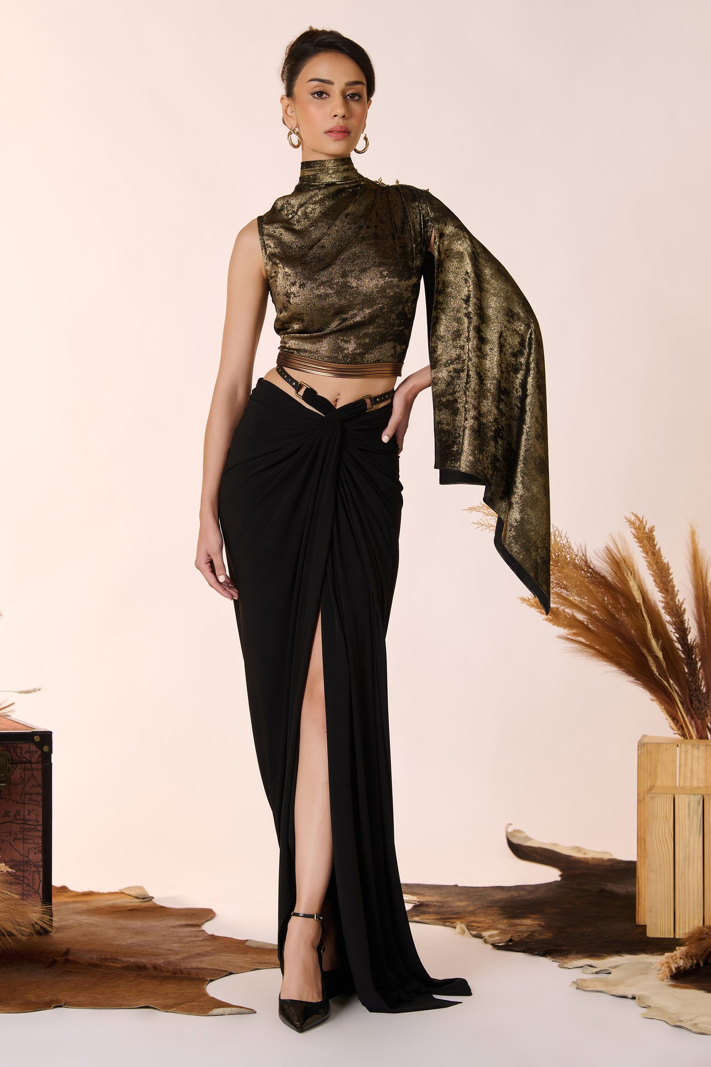 Shantanu & Nikhil Draped Sleeve Black Gold Foil Crop Top indian designer wear online shopping melange singapore
