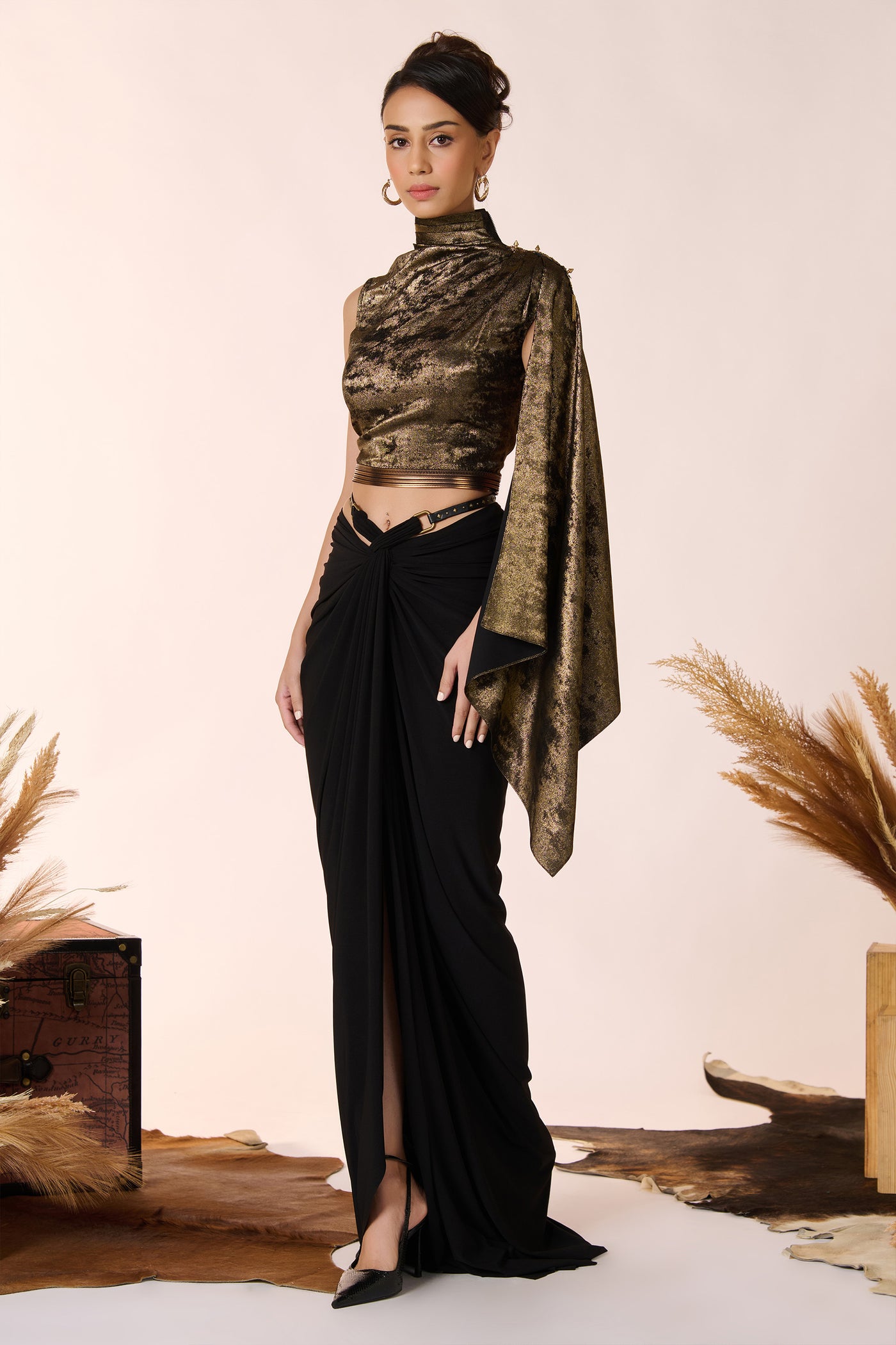 Shantanu & Nikhil Draped Sleeve Black Gold Foil Crop Top indian designer wear online shopping melange singapore
