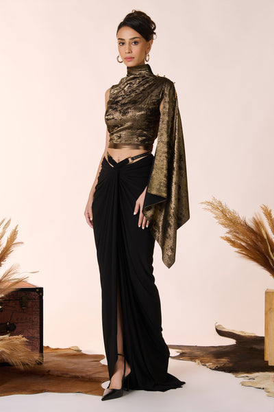 Shantanu & Nikhil Draped Sleeve Black Gold Foil Crop Top indian designer wear online shopping melange singapore