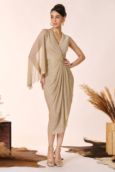 Shantanu & Nikhil Gold Georgette Drape Dress indian designer wear online shopping melange singapore