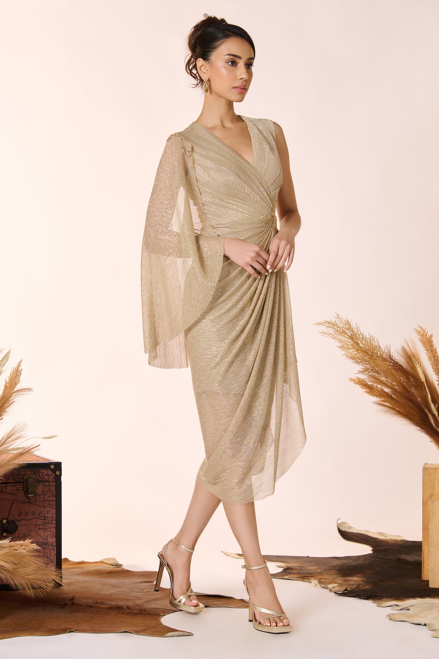 Shantanu & Nikhil Gold Georgette Drape Dress indian designer wear online shopping melange singapore