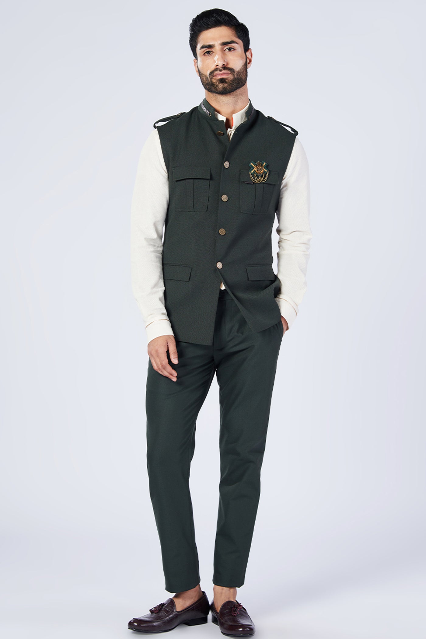 Shantanu & Nikhil Menswear Military Nehruvian Waistcoat designer wear online shopping melange singapore