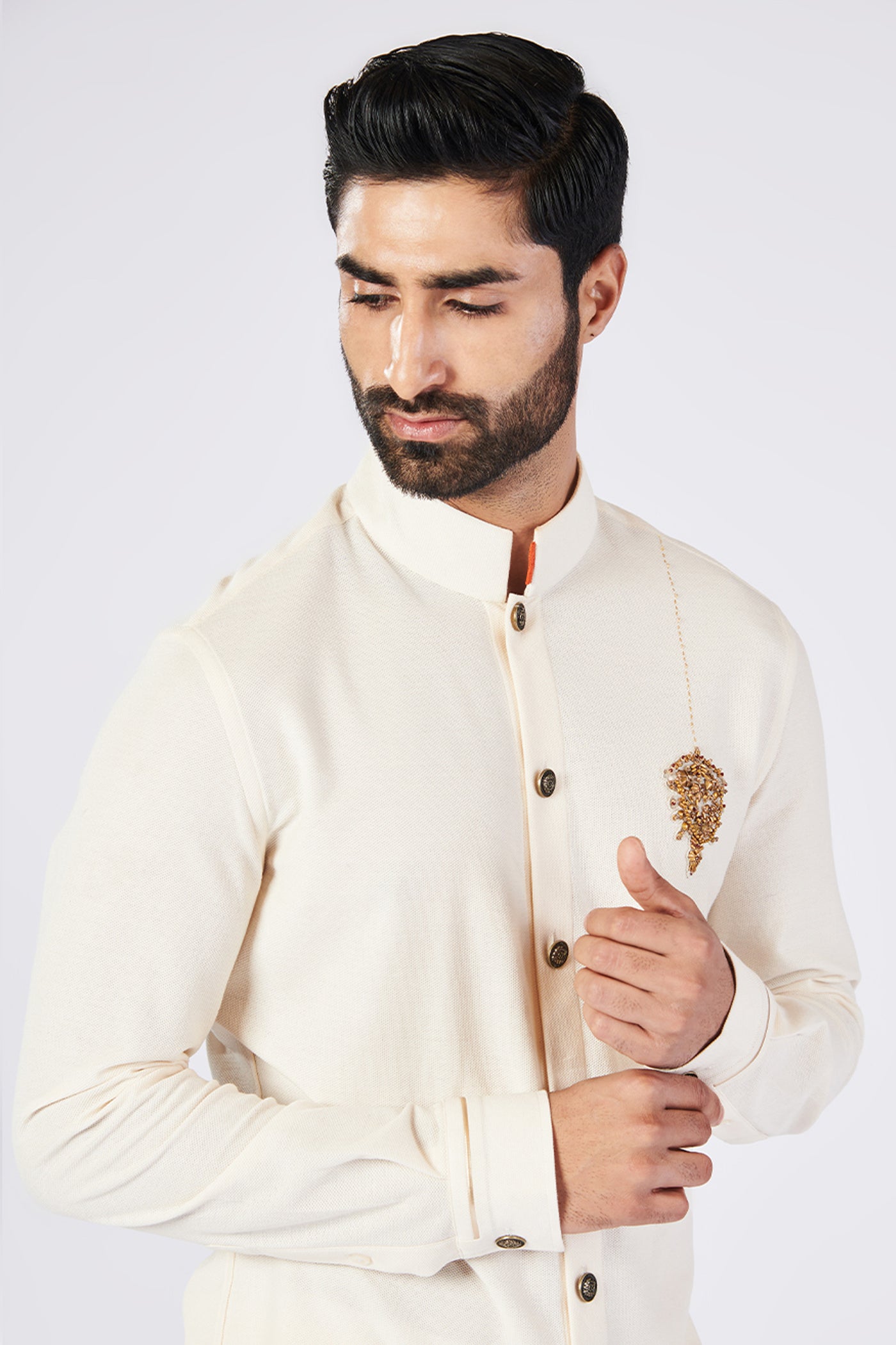 Shantanu & Nikhil Menswear Off White Shirt with Crest indian designer wear online shopping melange singapore