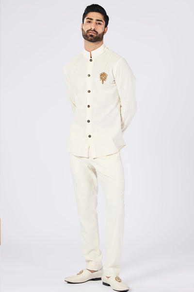 Shantanu & Nikhil Menswear Off White Shirt with Crest indian designer wear online shopping melange singapore