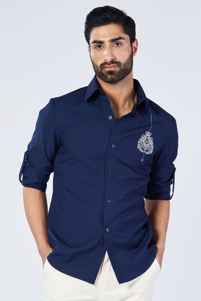 Shantanu & Nikhil Menswear Navy Shirt With Embroidered Crest designer wear online shopping melange singapore