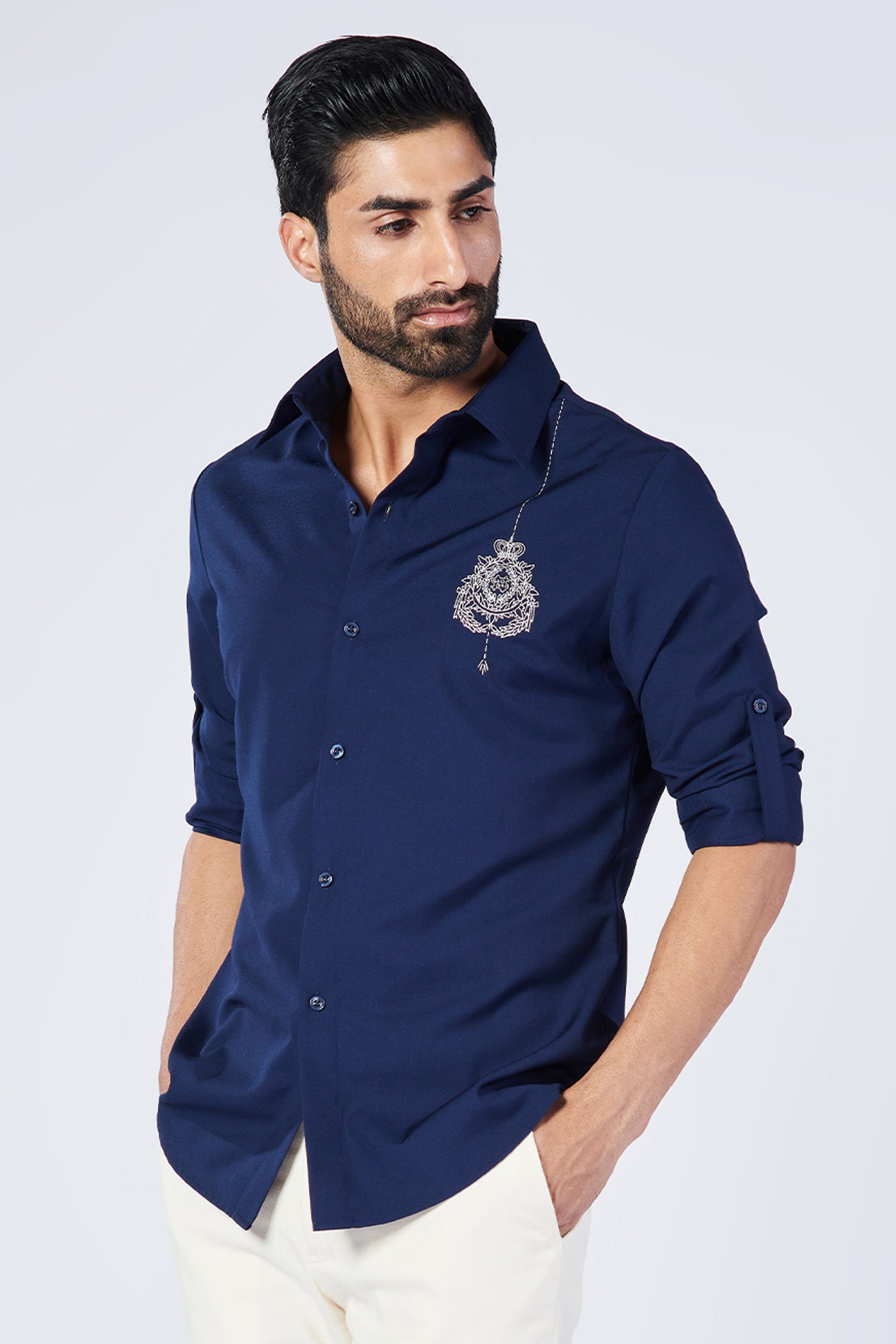 Shantanu & Nikhil Menswear Navy Shirt With Embroidered Crest designer wear online shopping melange singapore
