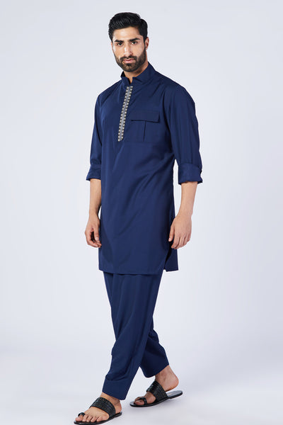 Shantanu & Nikhil Menswear Navy Slim Fit Kurtaindian designer wear online shopping melange singapore