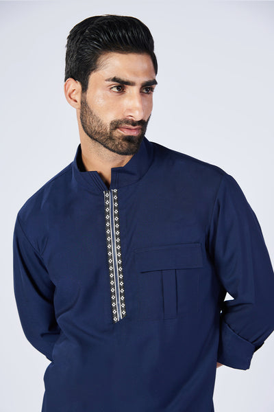 Shantanu & Nikhil Menswear Navy Slim Fit Kurtaindian designer wear online shopping melange singapore